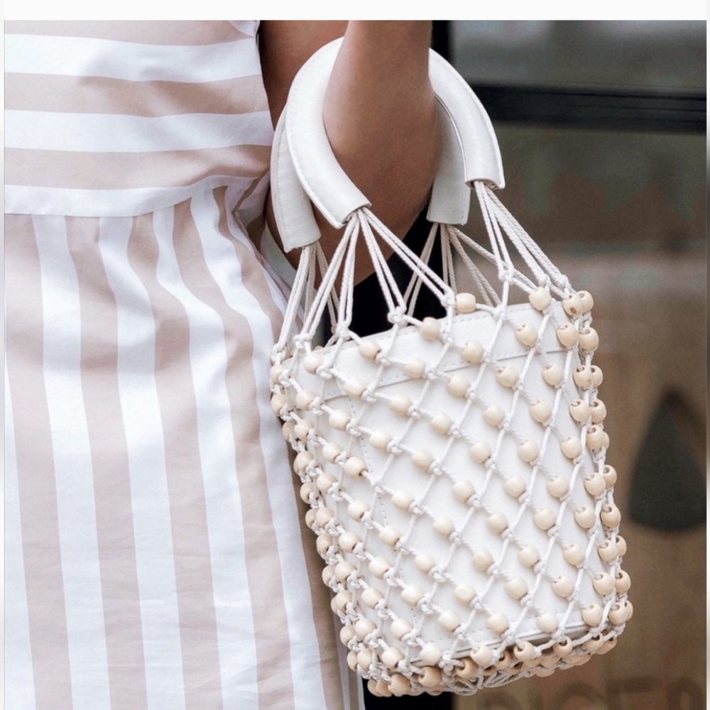 STAUD moreau leather beaded bucket bag white ivory